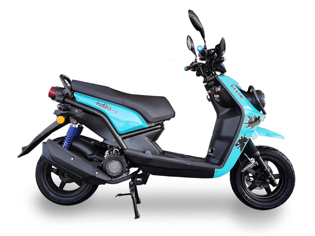 Blue 150cc road legal scooter with black accents and side stand, ideal for city commuting