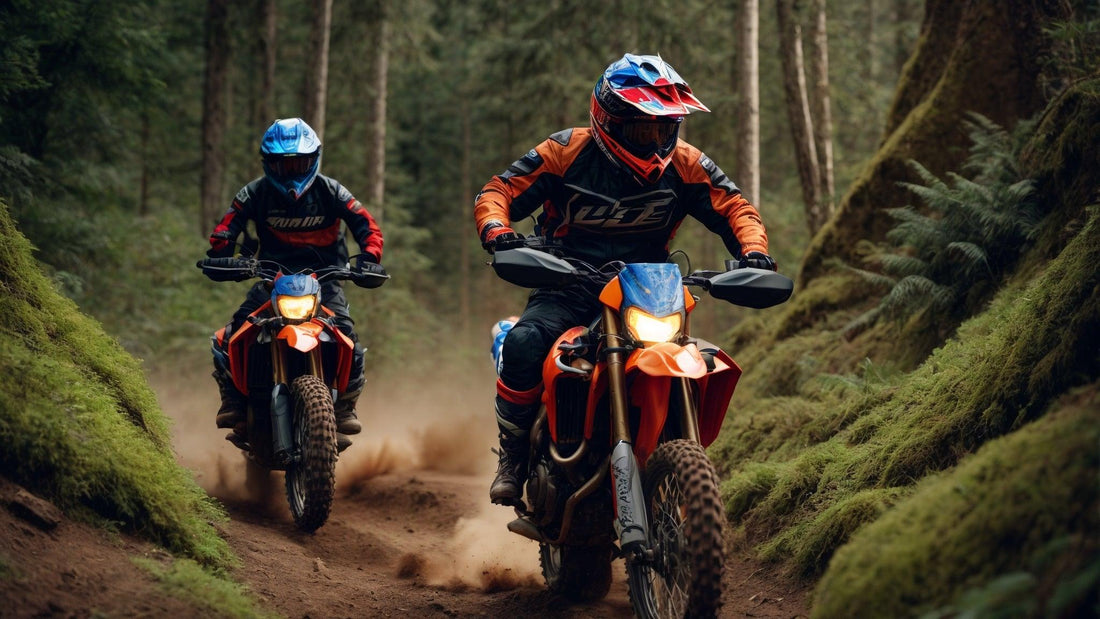 Two riders on 250cc dual sport motorcycles navigating a forest trail