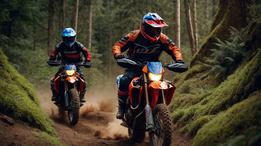 Two riders on 250cc dual sport motorcycles navigating a forest trail