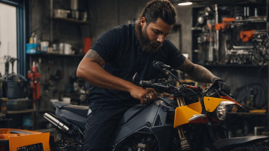 Mechanic repairing a dirt bike in a workshop, affordable dirt bike maintenance service