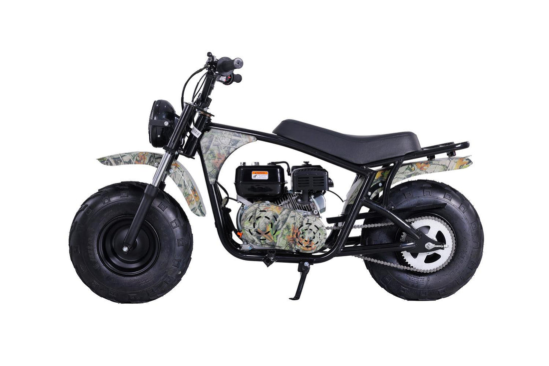 Affordable camo mini bike with fat tires and rugged frame for sale, side view on white background