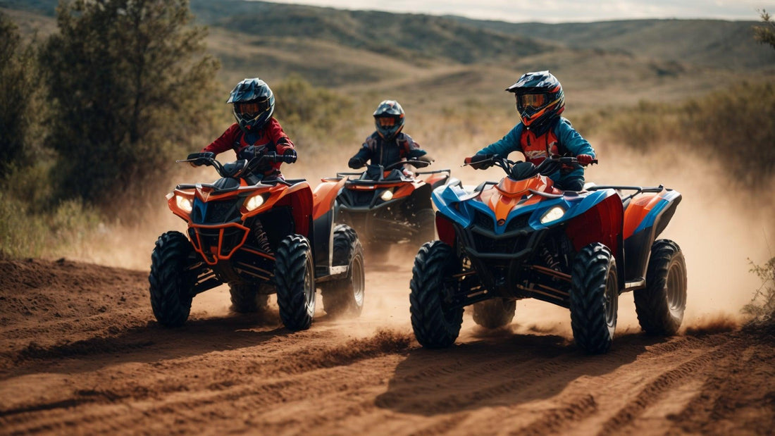 Three kids riding affordable ATVs on a dirt trail outdoors, wearing helmets and gear.