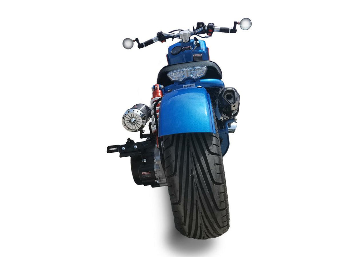 Rear view of blue Ruckus-style 50cc scooter with wide tire and dual headlights