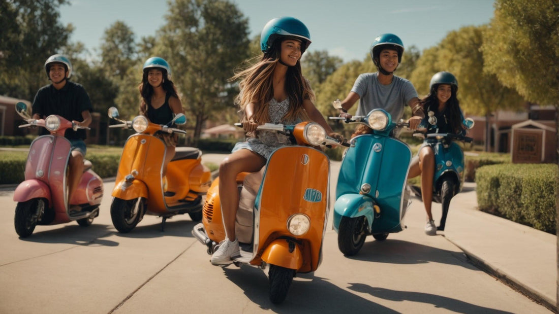 Group of young adults riding colorful 50cc scooters outdoors on a sunny day