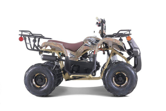 Camo youth utility ATV with rugged tires and cargo racks on white background