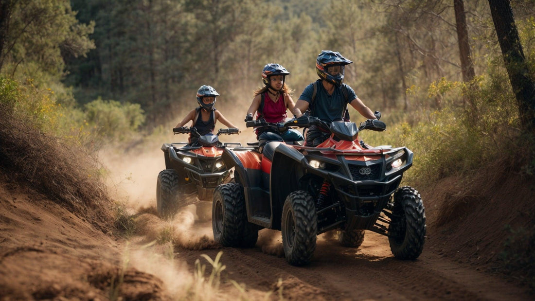 Family riding ATVs on a dirt trail through a scenic forest, outdoor adventure