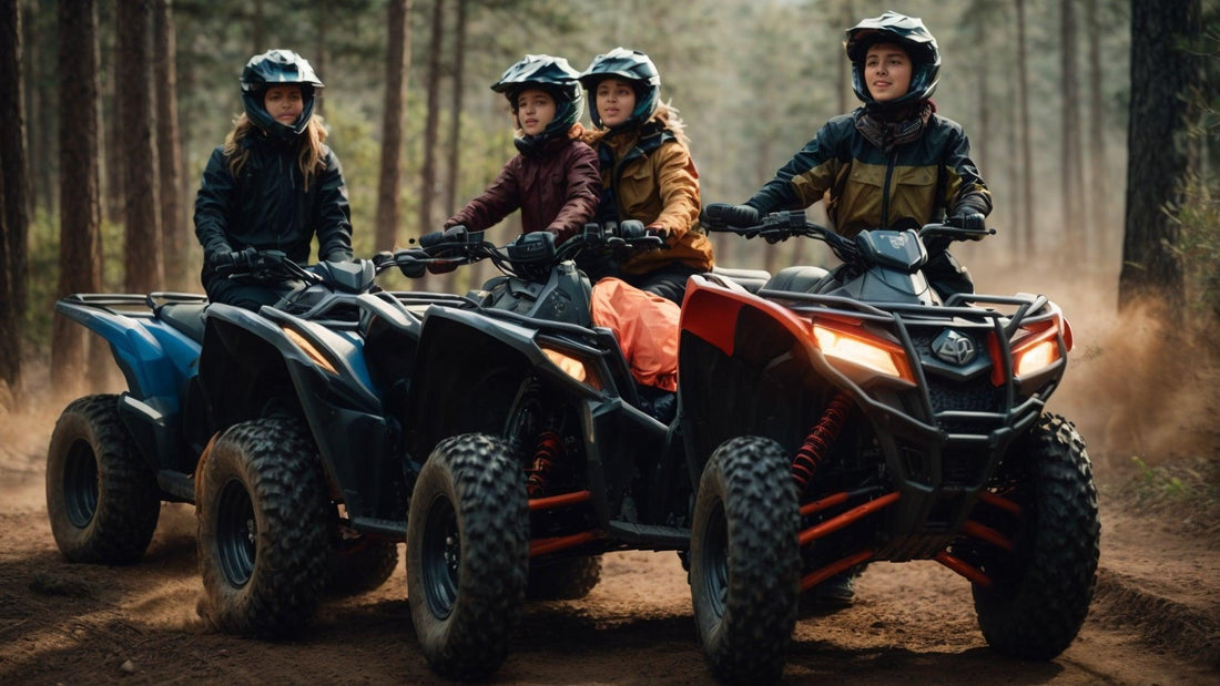 Family riding ATVs through forest dirt trail, wearing helmets and outdoor jackets
