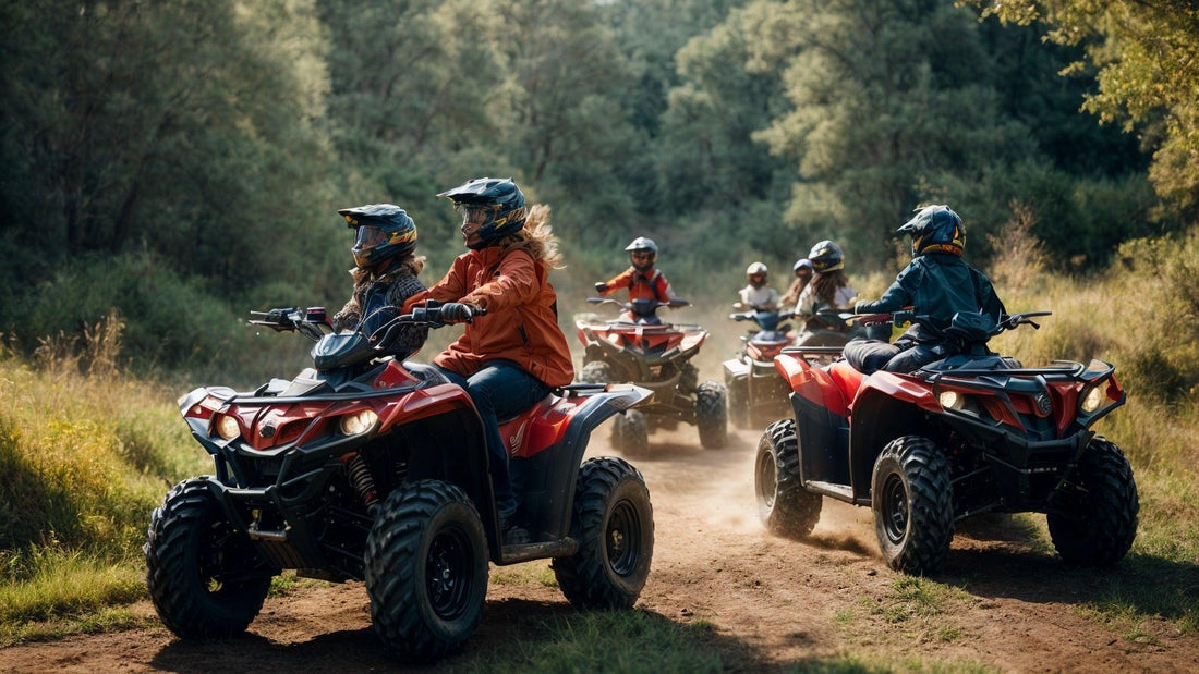 Group riding red ATVs on a dirt trail in the woods, wearing helmets and outdoor gear