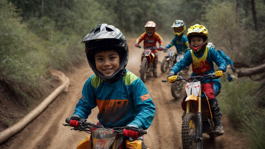 Kids riding dirt bikes on a forest trail, wearing helmets and motocross gear