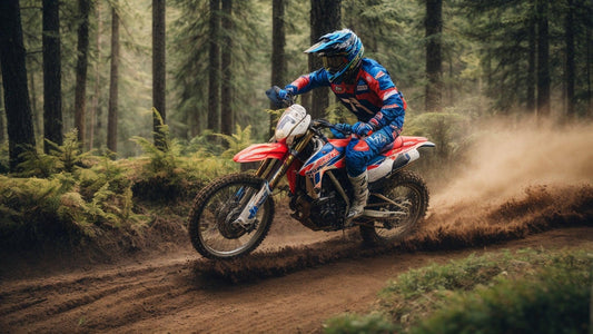 Rider on enduro dirt bike racing through a forest trail, kicking up dirt, wearing blue gear