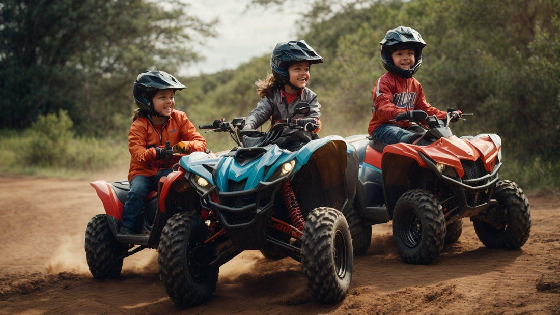 Kids riding affordable all-terrain ATVs outdoors, wearing helmets and safety gear on dirt trail