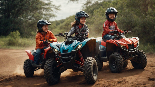 Kids riding affordable all-terrain ATVs outdoors, wearing helmets and safety gear on dirt trail