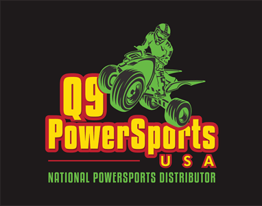 Illustration of rider on an ATV above bold text promoting powersports vehicles distributor