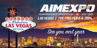 AIMExpo 2024 Las Vegas powersports trade show promo with city skyline and welcome sign.