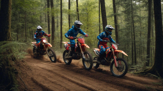 Three riders on red dirt bikes trail riding in a forest, wearing blue and red gear