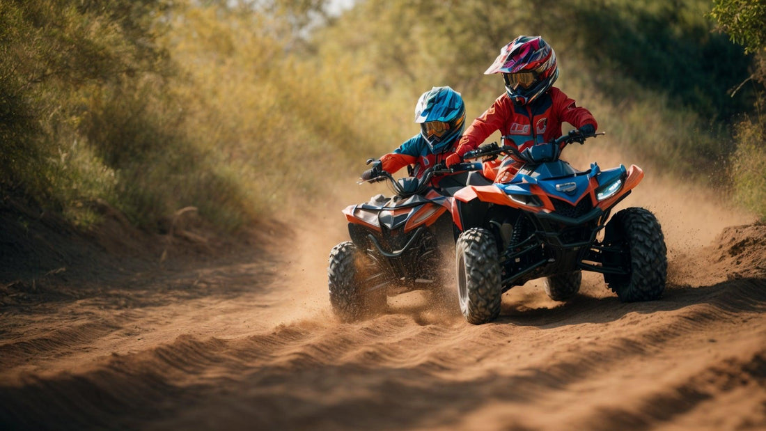 Two riders on entry-level ATVs driving off-road on a dirt trail, wearing helmets and gear.
