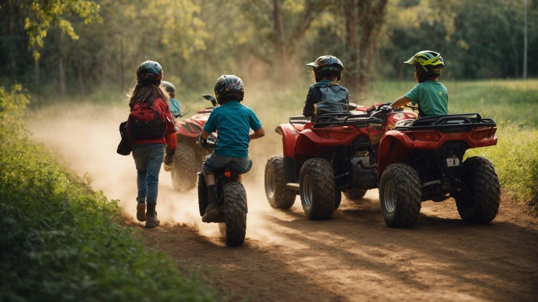 Kids riding ATVs on a forest dirt trail, wearing helmets and outdoor gear
