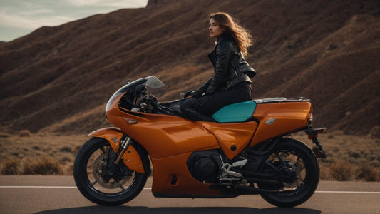 Woman in black jacket riding orange motorcycle on open road with scenic mountain background