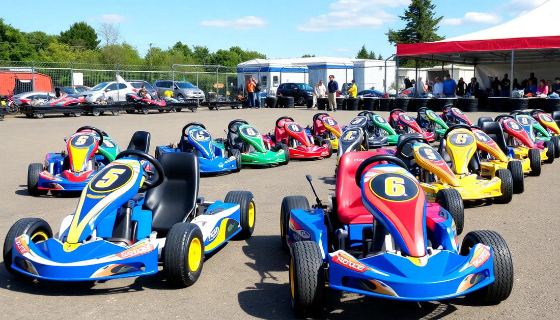 Colorful go-karts lined up outdoors on asphalt at a racing track with people in the background