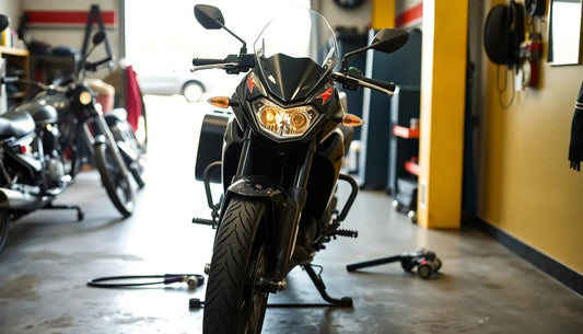 Black motorcycle with windshield in a garage, front view, street bike style