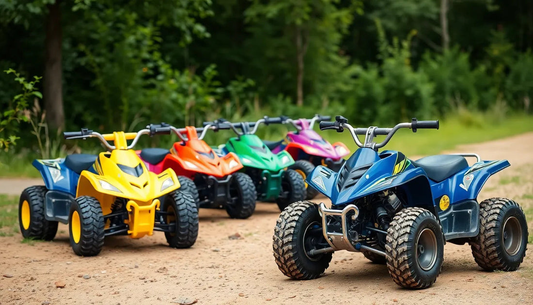 Colorful youth ATVs parked on a dirt trail in a forest setting, perfect for beginners.