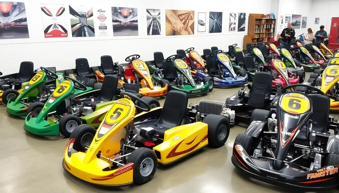 Indoor showroom with multiple colorful go-karts for sale, arranged in rows