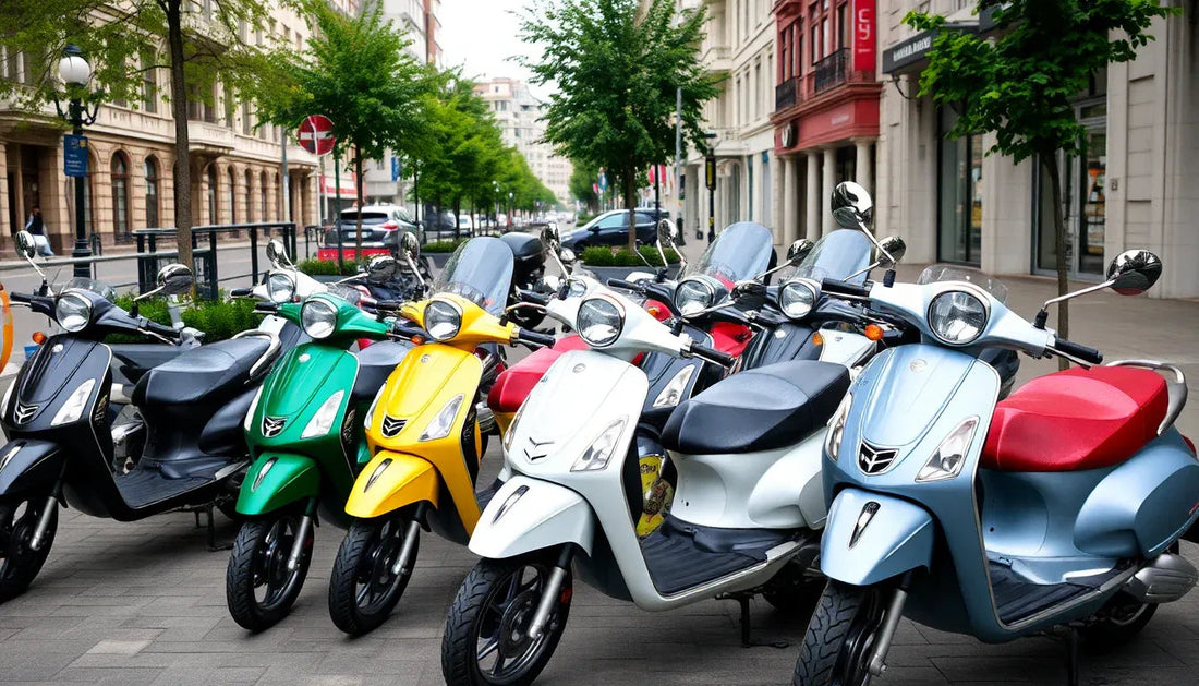 Colorful scooters parked on urban street with trees and buildings in background