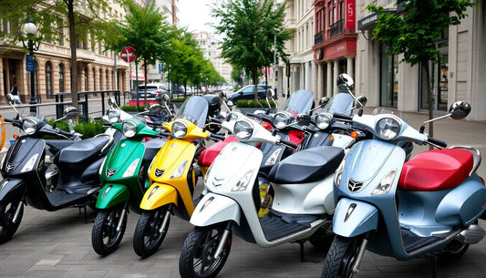 Row of colorful scooters parked on a city street, urban electric scooters for adults