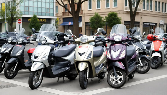 Row of modern scooters parked on city street, various colors, beginner to adult models