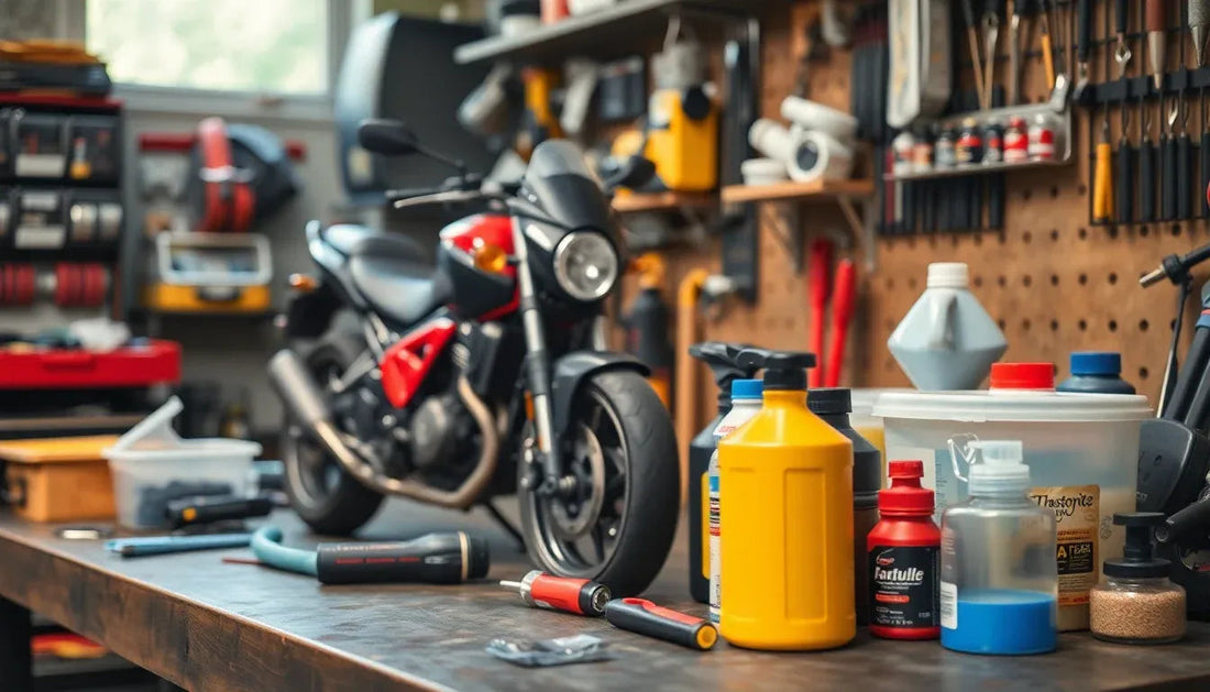 Motorcycle in a workshop with tools, oil and maintenance supplies on workbench