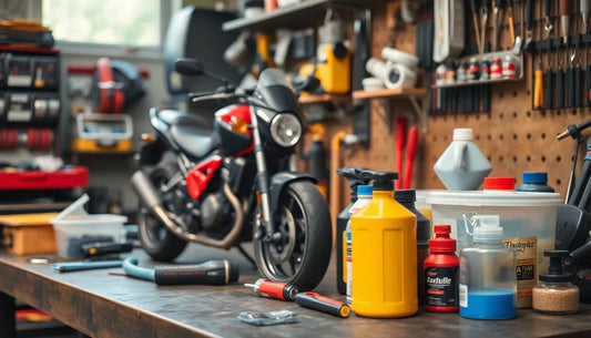 Motorcycle in a workshop with tools, oil and maintenance supplies on workbench
