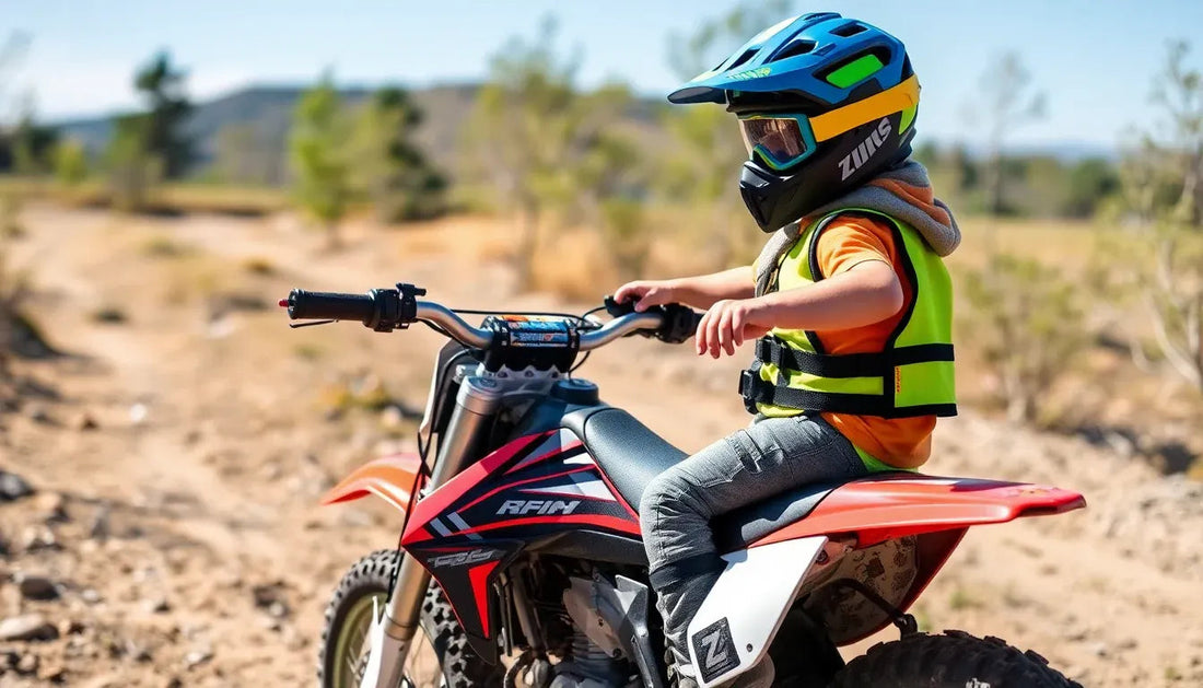 Child wearing helmet and safety vest riding a dirt bike on an outdoor trail