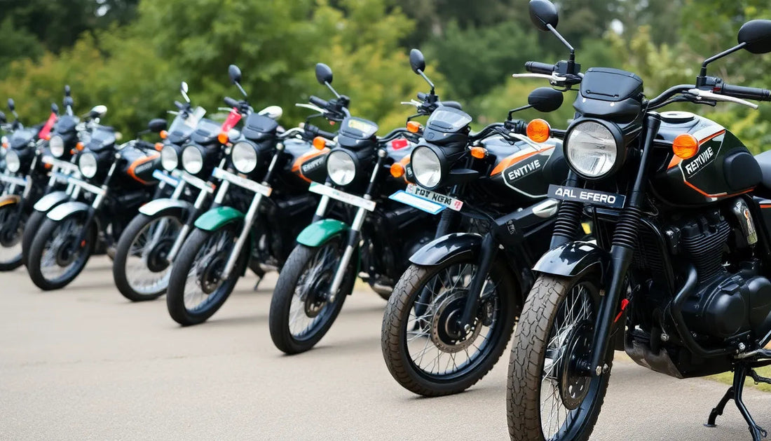 Row of black and green street motorcycles parked outdoors, ideal for beginner riders