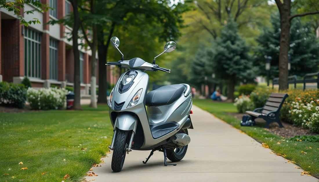 Silver scooter parked on a sidewalk in a green urban park, surrounded by trees and benches