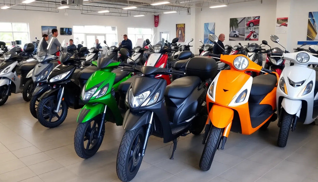 Row of colorful scooters in a showroom with people browsing motorcycles