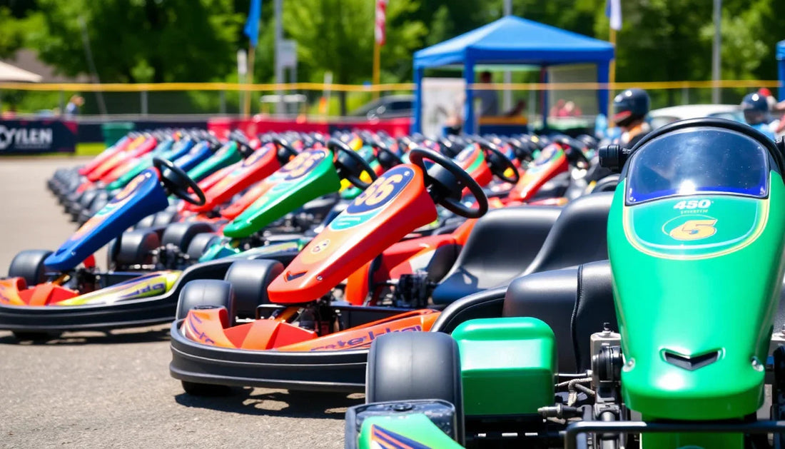 Colorful go-karts lined up outdoors on a sunny day, ready for racing or rental