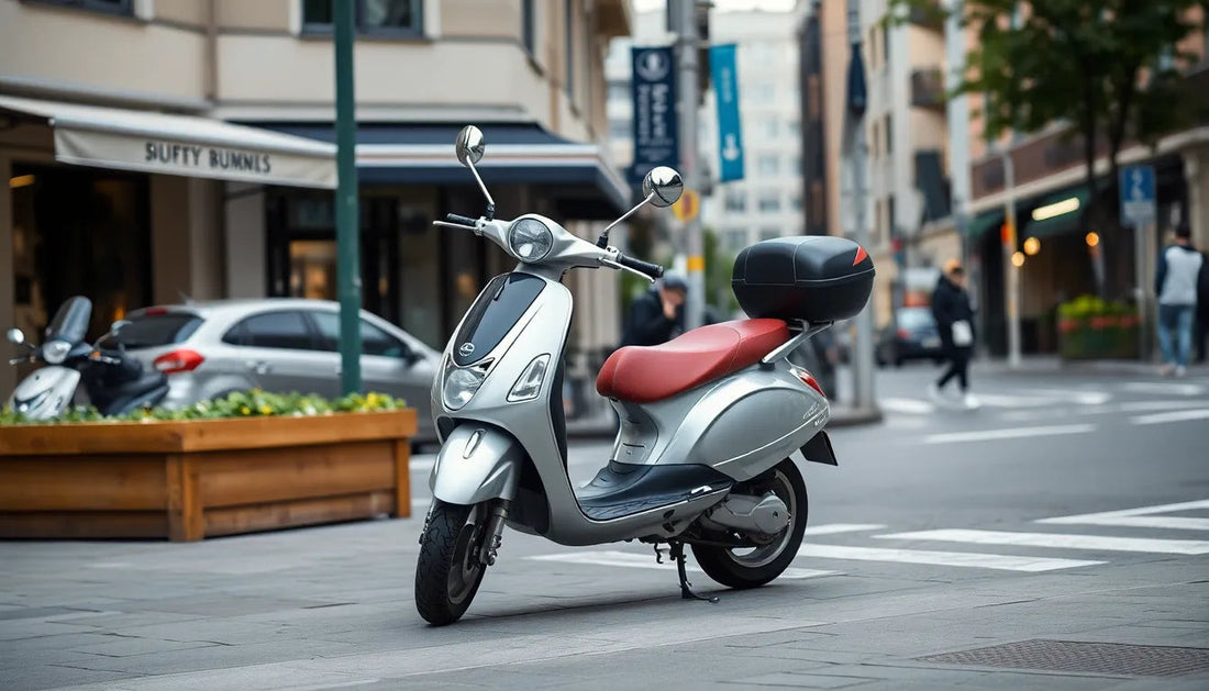 Silver scooter with red seat parked on a city street, compact urban transportation vehicle
