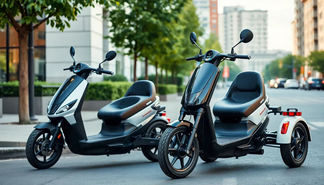 Two three-wheel scooters parked on a city street, modern design, urban mobility vehicle
