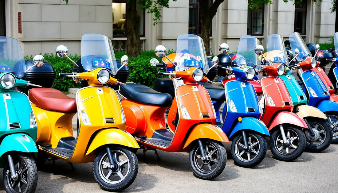 row of colorful scooters parked on city street, urban transportation, retro design