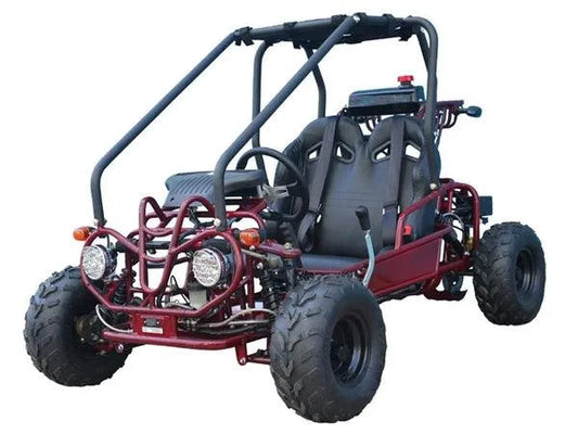 Red two-seater go-kart with roll cage and off-road tires, front view