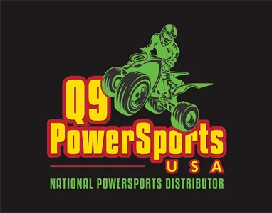 Illustration of a rider on an ATV above text reading Q9 PowerSports USA, national powersports distributor.