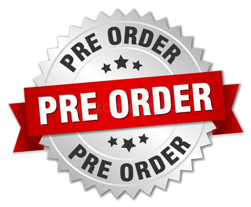 Silver badge with red ribbon and bold text reading pre order, preorder promotion graphic