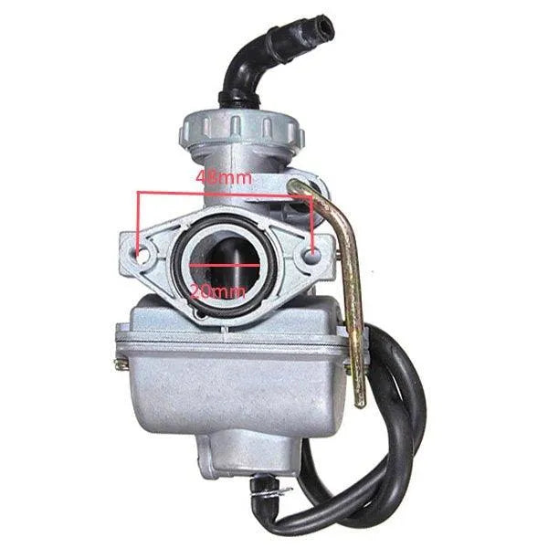 20mm carburetor for ATV or dirt bike, closeup with 48mm and 20mm measurement labels