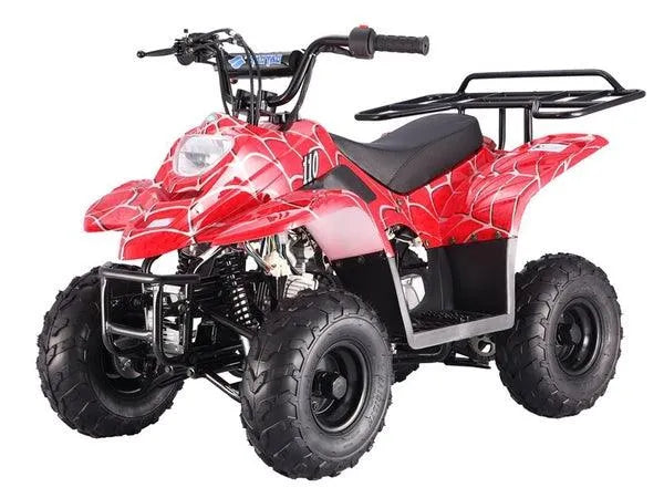 Red kids ATV with spider web design, off-road tires, and rear cargo rack on a white background