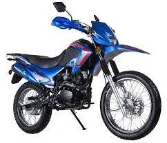 Blue off-road dirt bike with knobby tires and raised suspension, ideal for beginners and adults