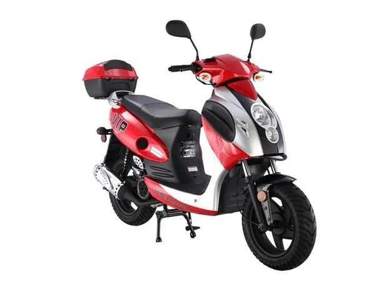 Red and black youth scooter bike with rear storage box from Q9 PowerSports USA on white background