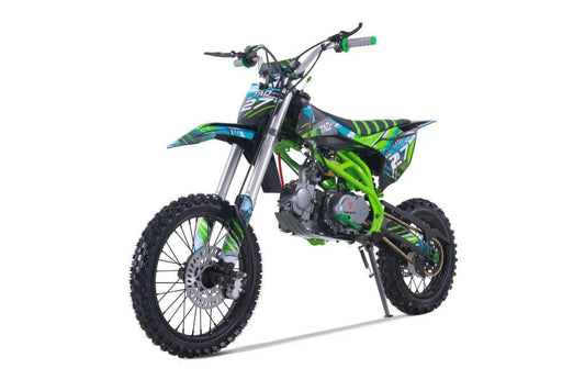 Youth dirt bike in black and green with knobby tires, front disc brake, and graphic decals on white background