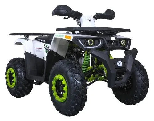 Youth green and black ATV with rugged tires and LED headlights, ideal for off-road riding