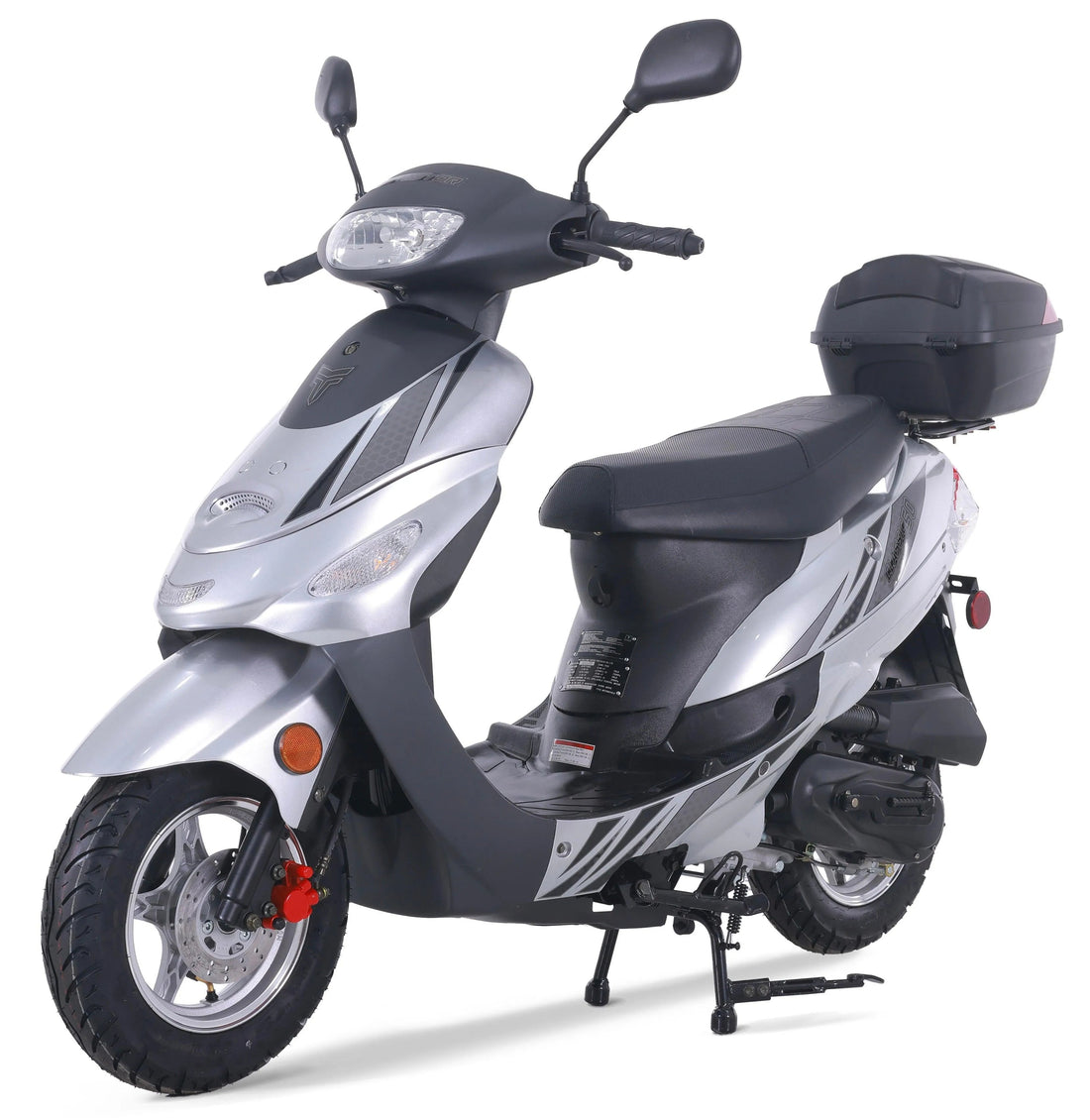 Silver and black motor scooter with rear storage box, angled on white background.