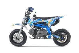 Blue and white youth dirt bike with off-road tires and detailed graphics on white background